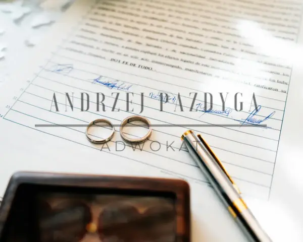 Dwa obrączki na dokumencie z podpisami i nazwiskiem "Andrzej Pazdyga", sugerujące intercyzę po ślubie. Obok pióro i drewniane pudełko.