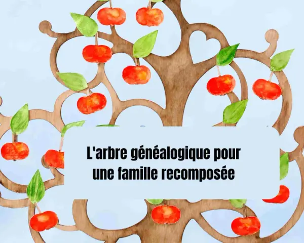 Un arbre généalogique pour une famille recomposée, symbolisé par des fruits rouges et des feuilles vertes sur un fond bleu pâle.