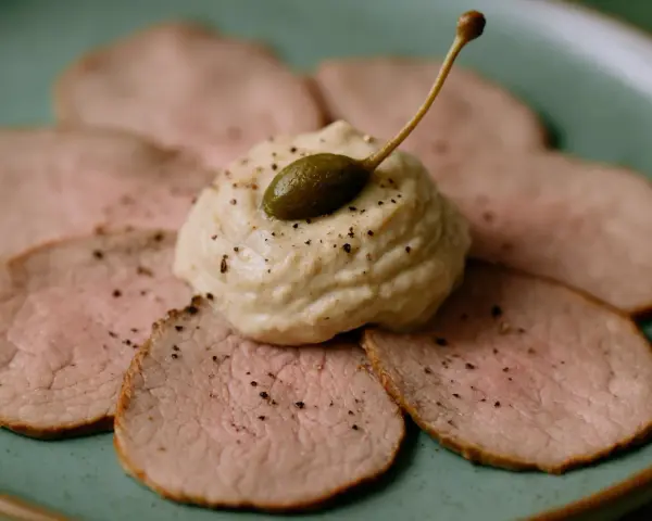 Vitello Tonnato: hauchdünne Scheiben Kalbfleisch, belegt mit einer cremigen Thunfischsauce und Kapern. Welches Fleisch ist das? Kalb!