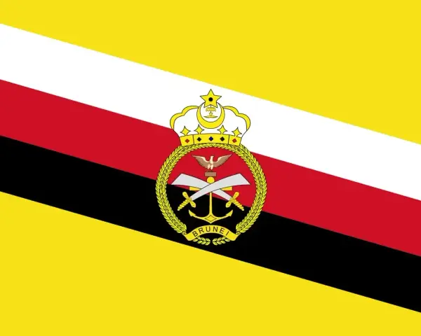 Flaga Brunei z herbem: żółte, białe, czerwone i czarne pasy ukośne, na środku korona i symbolika państwowa.