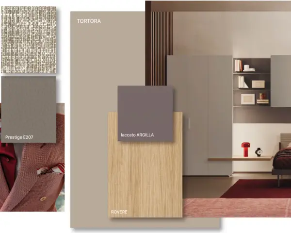 Moodboard con abbinamento legno chiaro e scuro: rovere, tortora, laccato argilla e tessuti eleganti.