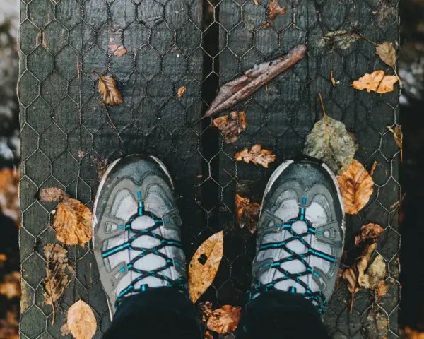 Scarpe in Gore-Tex donna pronte per un'avventura autunnale su un ponte di legno coperto di foglie.