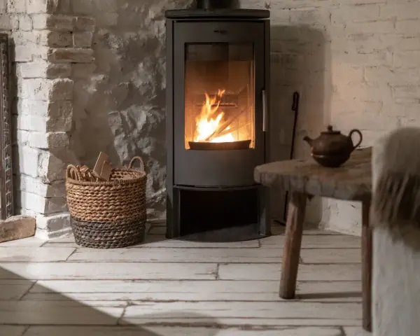 Poêle à bois moderne avec feu allumé, panier de bois, table rustique et miroir ancien.