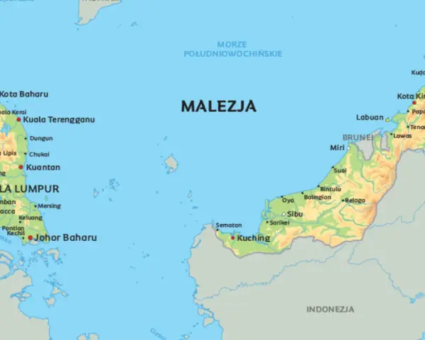 Mapa pokazuje, gdzie leży Malezja, między Tajlandią a Indonezją, otoczona Morzem Południowochińskim i Morzem Celebes.