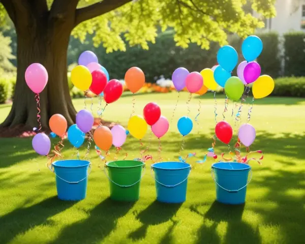 Färgglada ballonger svävar över hinkar på en gräsmatta, redo för en lek att kasta boll i hink.