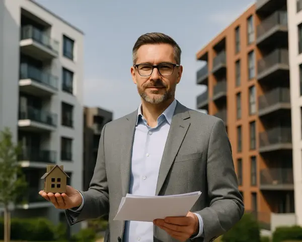 Makler hält Hausmodell und Dokumente vor Neubauten in Bonn. Infos zur Mietpreisbremse Bonn.