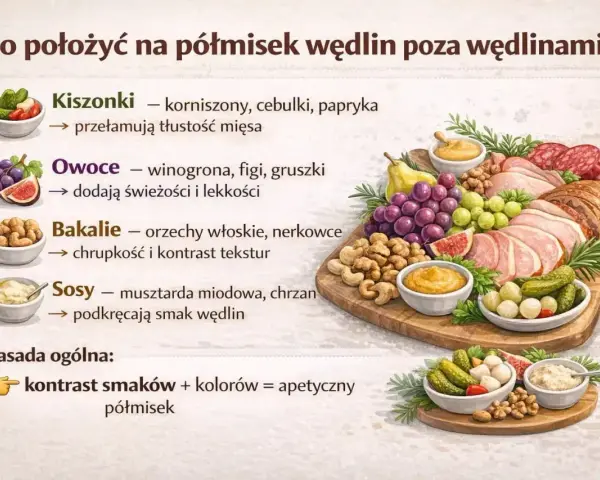 Apetyczny półmisek wędlin z owocami, bakaliami, kiszonkami i sosami.