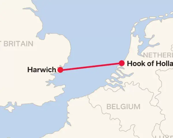 Mapa pokazuje trasę promową z Harwich w Wielkiej Brytanii do Hook of Holland w Holandii.