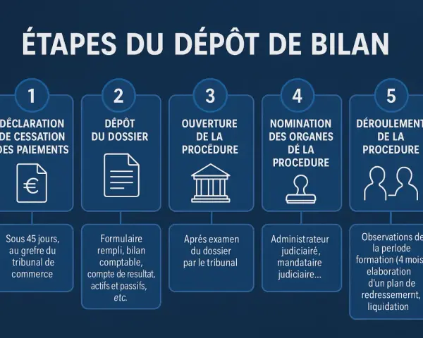 Les étapes du dépôt de bilan d'une SARL et les conséquences pour le gérant : déclaration, dépôt du dossier, ouverture, nomination des organes, déroulement.