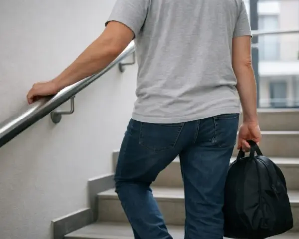 Mężczyzna z torbą idzie po schodach, podpierając się poręczy. To jego pierwsze samodzielne chodzenie po operacji wyrostka.