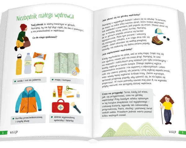 Ilustracja przedstawia niezbędnik małego wędrowca: plecak, wodę, jedzenie, mapę, kompas, kurtkę, bluzę, apteczkę i latarkę. To świetne **książki o tematyce górskiej** dla dzieci.