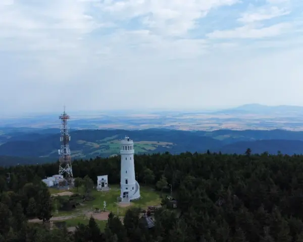 Wieża widokowa niczym wielka sowa, ile się wchodzi, góruje nad lasem. Obok maszt telekomunikacyjny.