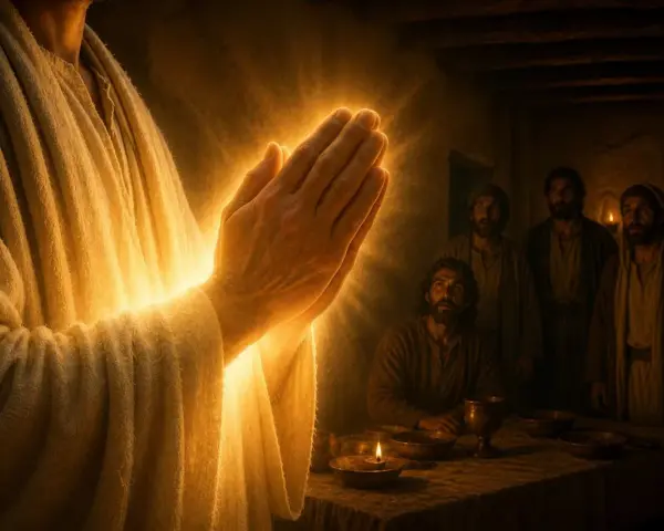 Jesus betet im Licht, seine Hände gefaltet, während Jünger in Johannes 17 Zeugen seiner Herrlichkeit werden.