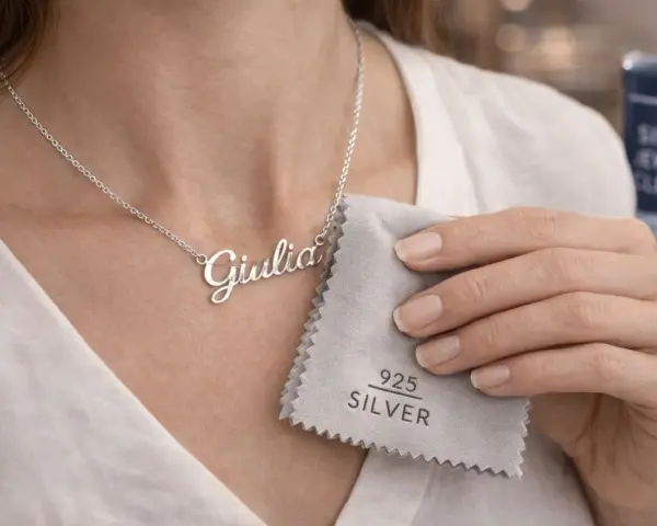 Collana con nome "Giulia" in argento 925, lucidata con un panno apposito. Cos'è il silver? È questo metallo prezioso che brilla.