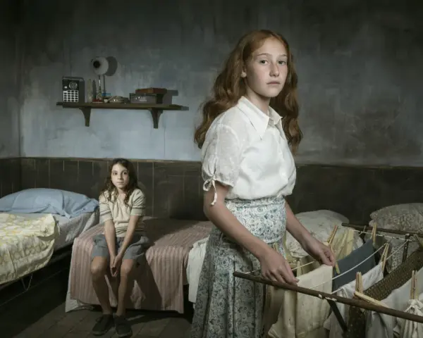 Due bambine in una stanza spartana, una stende il bucato, l'altra siede sul letto. Ricorda l'arminuta storia vera.