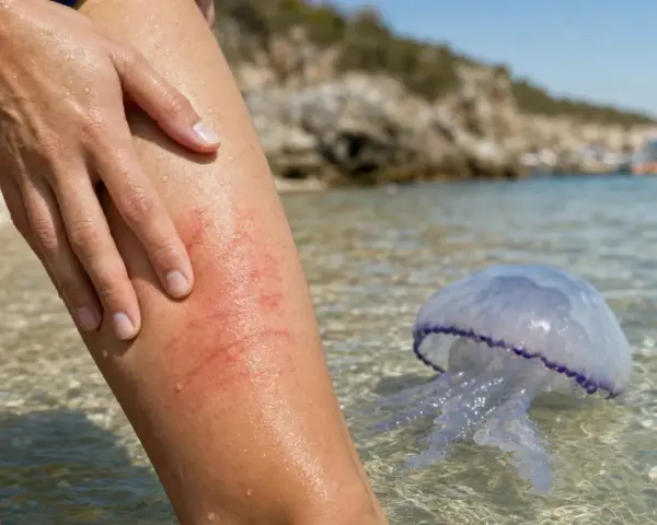Gamba con eritema da puntura di medusa. Cosa fare in caso di contatto con questi organismi marini.