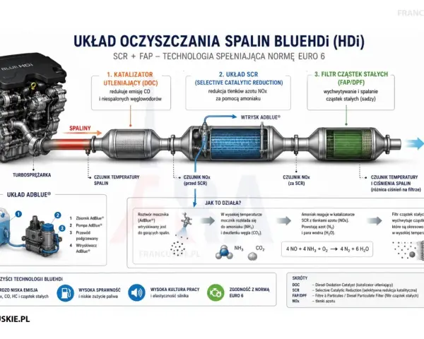 Schemat układu oczyszczania spalin BlueHDI z silnikiem, katalizatorami i filtrem cząstek stałych.