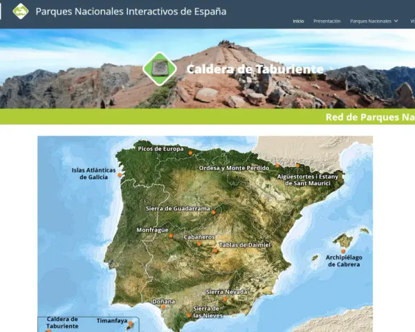 Mapa interactivo de los parques nacionales de España, mostrando la Caldera de Taburiente y otros destinos.