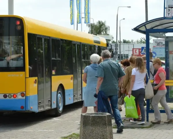Ludzie czekają na autobus w Skierniewicach. Sprawdzają mzk rozkład jazdy, by wiedzieć, kiedy odjedzie.