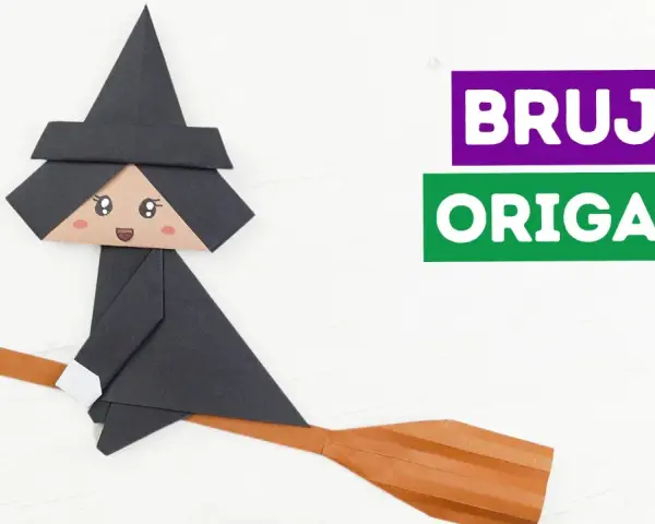 Bruja de origami volando en escoba, ideal para manualidades de Halloween con papel.