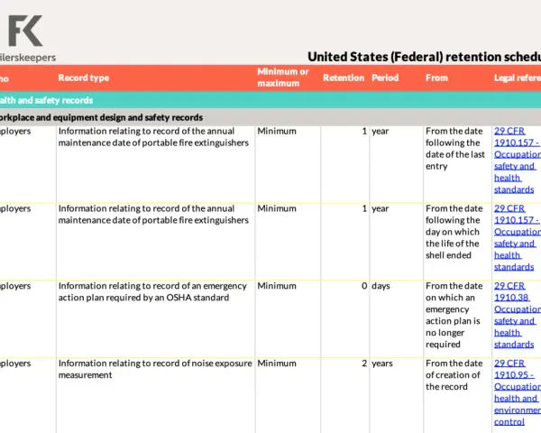 US Federal retention schedule for health & safety records, detailing document retention policy for employers.