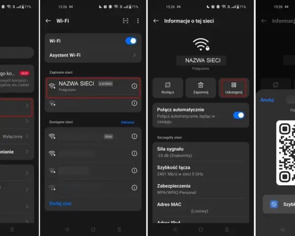 Jak sprawdzić SSID w telefonie? Ekran pokazuje ustawienia Wi-Fi, gdzie nazwa sieci (SSID) jest widoczna. Można też udostępnić hasło.