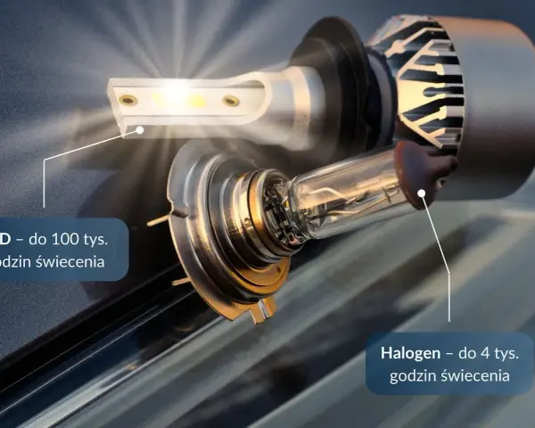 Porównanie żarówki LED i halogenowej. Halogen świeci do 4 tys. godzin, LED nawet do 100 tys.