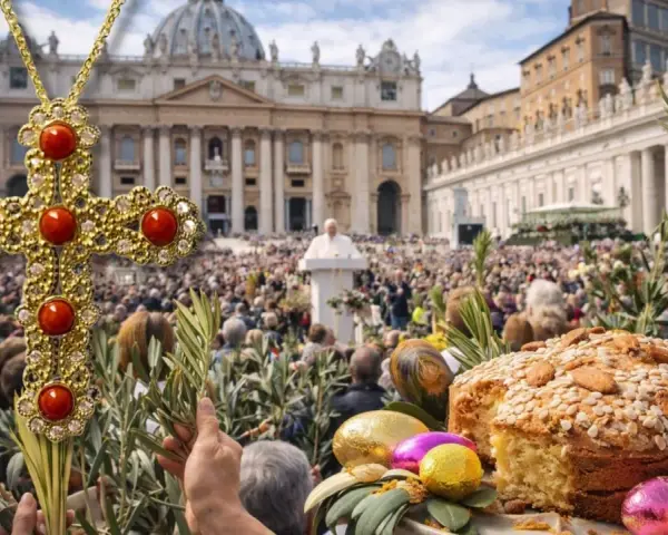 A jeweled cross, palm branches, and Easter treats in front of a crowd gathered for Holy Week in Italy.
