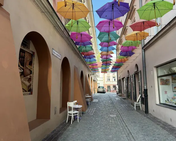Kolorowe parasole nad uliczką w Tarnowie. Idealne na weekendowe atrakcje i spacer.
