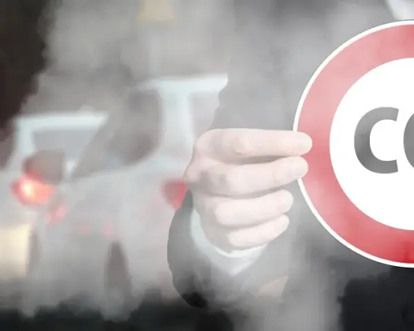 Dłoń trzyma znak zakazu z napisem CO2 na tle dymiących samochodów w korku.