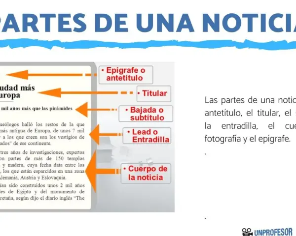 Diagrama ilustra las partes de una noticia: antetítulo, titular, bajada, lead y cuerpo, con un ejemplo de hallazgo histórico.