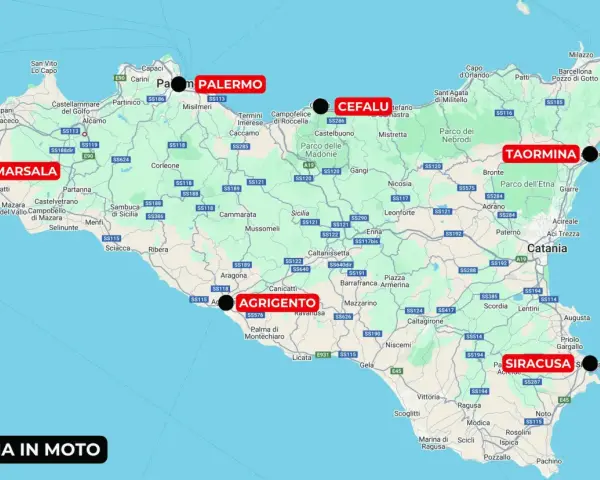 Itinerario di 10 giorni in Sicilia in moto: da Marsala a Siracusa, passando per Palermo, Agrigento e Taormina.