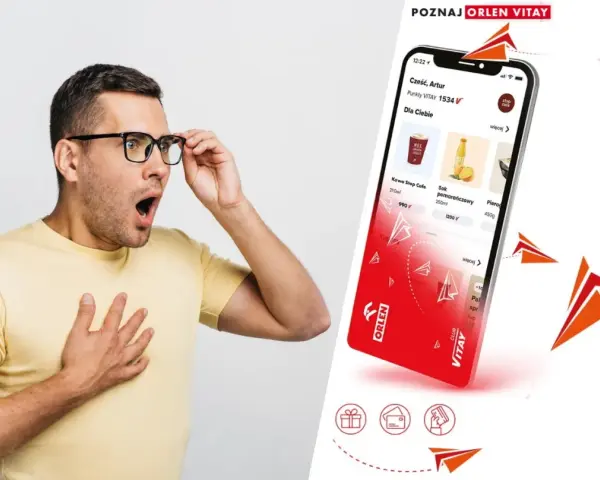 Zaskoczony mężczyzna odkrywa aplikację Orlen Vitay z promocjami i punktami.