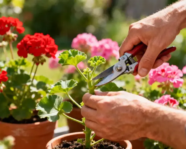 Dłonie przycinają pędy pelargonii, by zachęcić je do bujniejszego wzrostu. W tle kwitnące geranium w doniczkach.