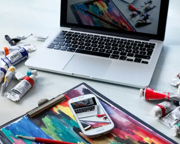 Na biurku leżą farby i laptop, na ekranie którego widać podobny obraz. Zastanawiasz się, ile zarabia grafik komputerowy?