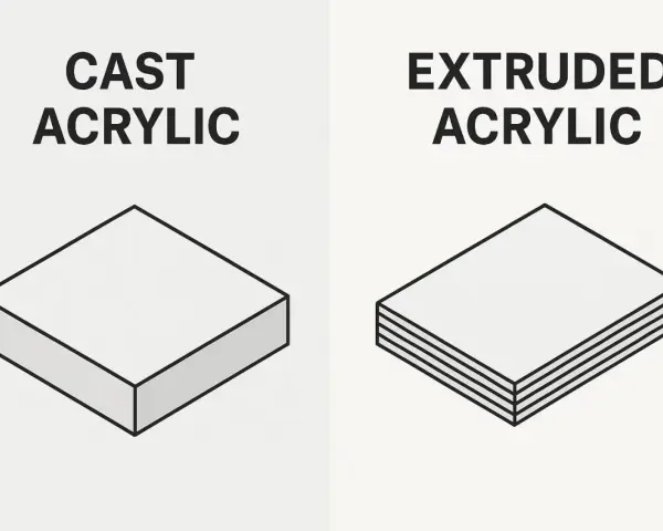 Comparison of extruded vs cast acrylic. Cast acrylic is a solid block, while extruded acrylic shows distinct layers.