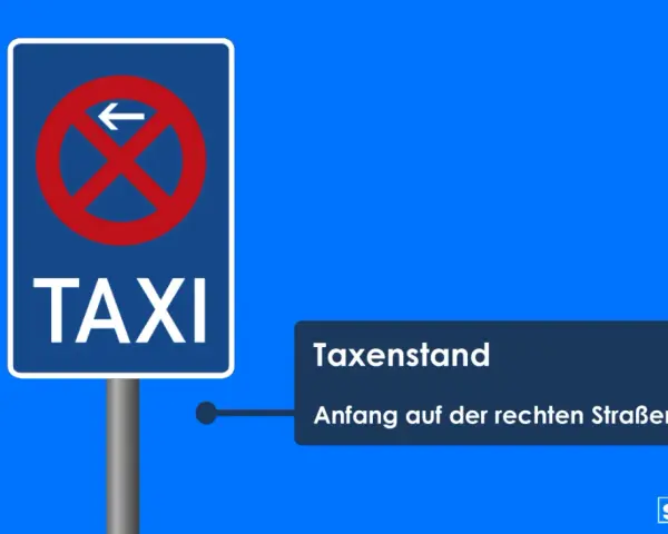 Verkehrsschild "TAXI" mit Pfeil nach links und rotem Verbotsschild. Text: "Taxenstand. Anfang auf der rechten Straßenseite.