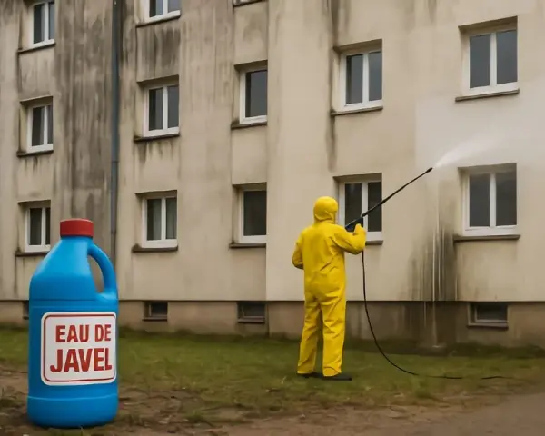 Person en tenue jaune effectuant un nettoyage facade eau de javel sur un mur sale. Une grande bouteille d'eau de javel est posée au sol.