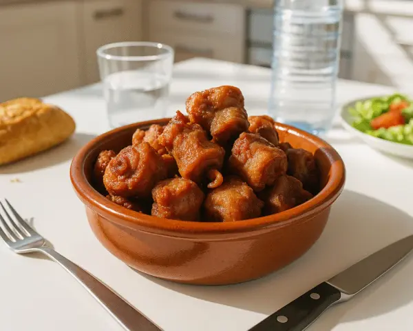Un cuenco de rabo de cerdo frito, servido con pan, ensalada y agua.