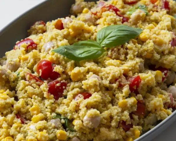 Un piatto colorato con la ricetta cous cous: chicchi dorati, pomodorini, mais e ceci, guarnito con foglie di basilico fresco.