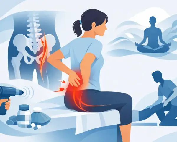 Douleur sciatique fessier que faire ? Illustration montrant une femme souffrant de sciatique, avec des traitements comme la physiothérapie, la méditation et des médicaments.