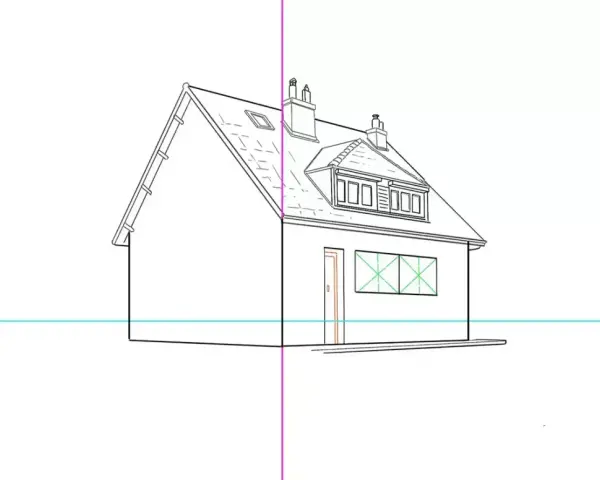 Un dessin d'architecture facile montrant une maison avec une ligne de perspective.