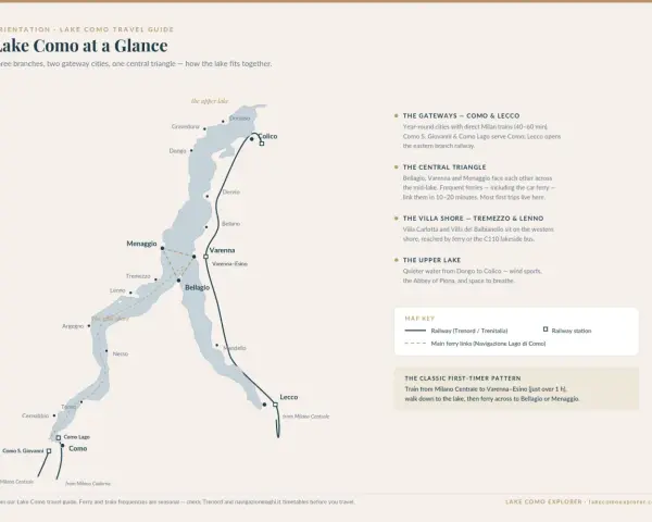 Mappa del lago di Como con indicati i collegamenti in treno e traghetto, ideale per un viaggio in moto sul lago di Como.