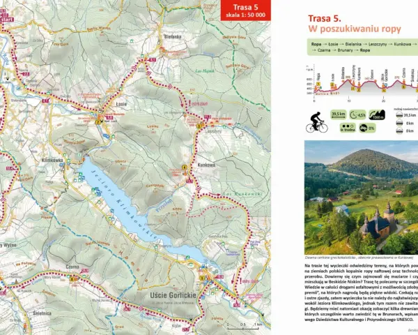 Mapa z trasami rowerowymi w Beskidzie Niskim. Trasa 5 "W poszukiwaniu ropy" prowadzi przez malownicze tereny.