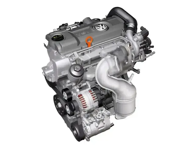 Nowoczesny silnik diesla Volkswagena z turbosprężarką i paskiem napędowym.