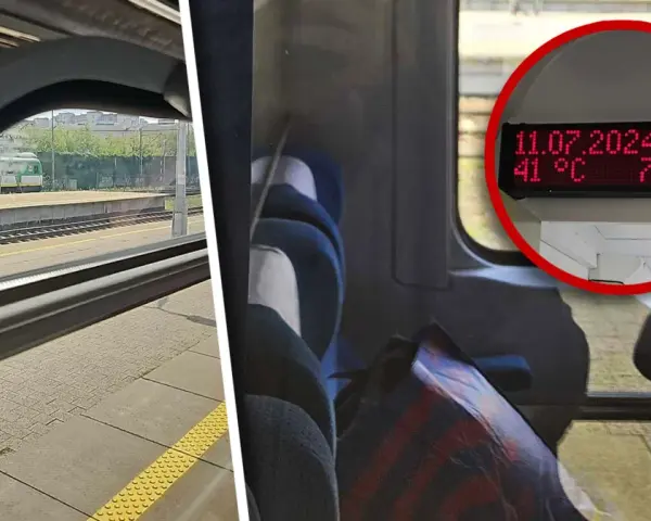 Warszawa awaria pociągów. W upalny dzień 11.07.2024, 14:40, pociąg stoi na stacji, temperatura 41°C, prędkość 76 km/h.