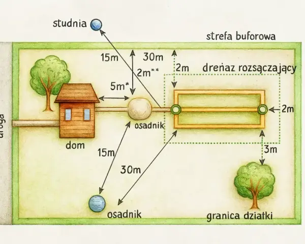 Schemat działki z domem, studnią i dwoma osadnikami. Pokazuje odległości od domu do studni (15m) i osadników (5m, 15m, 30m), a także drenaż rozsączający w strefie buforowej.