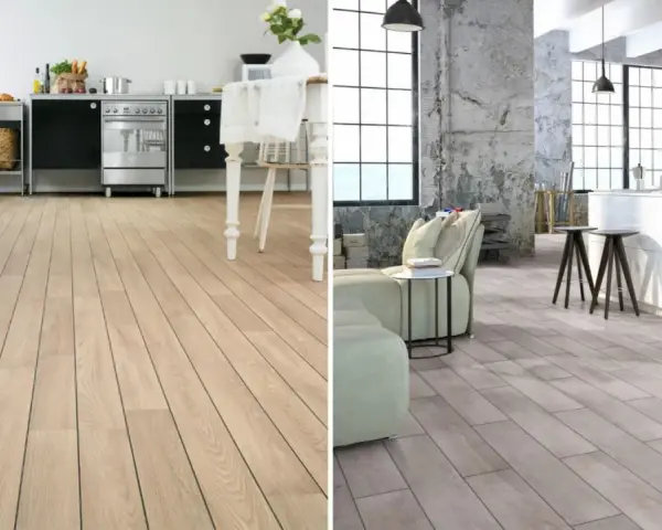 Dos ambientes modernos: cocina con tarima de madera clara y salón con tarima gris, ambas con bisel.