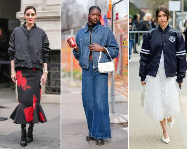 Tre donne sfoggiano il bomber: uno nero con gonna a fiori, uno di jeans con pantaloni ampi, uno blu con gonna bianca. Il bomber significato è un capo versatile.