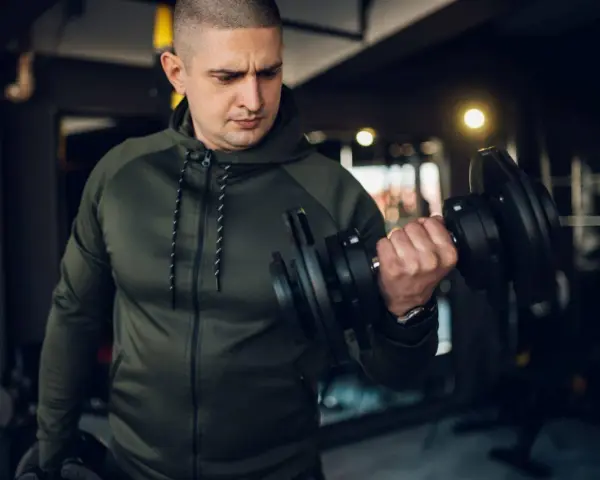 Mężczyzna w zielonej bluzie damskiej na siłownię ćwiczy biceps z hantlem.
